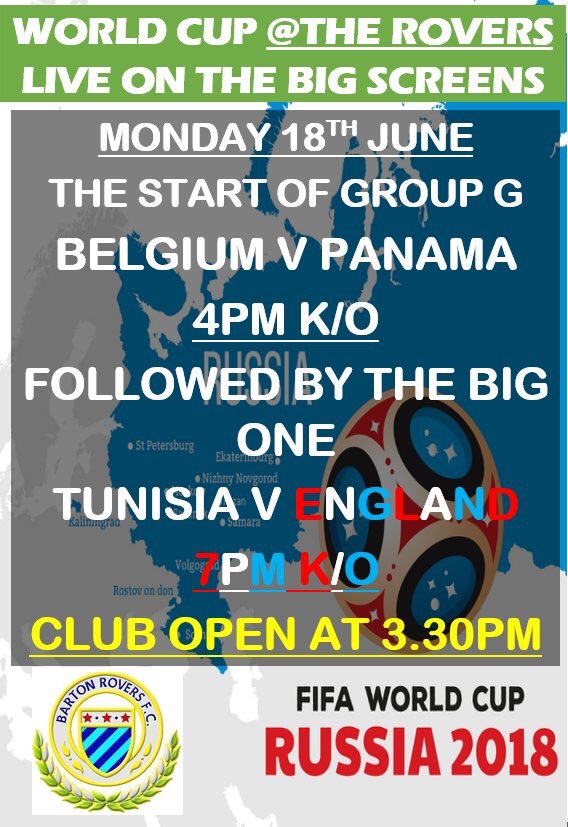 Today’s the day, live on the big screens with surround sound, the best footballing atmosphere in the village @ 'The Rovers', both group G games live in HD with a food break in between, Curry &amp; beer or sausage n chips plus a beer for a fiver, club open from 3.30pm #ItsComingHome
