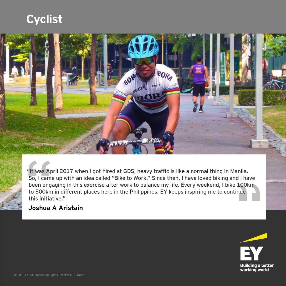 EY_GDSCareers's tweet photo. #EYGDSPhilippines motivates Joshua to follow his passion of cycling.  #BikeToWork #PassionBeyondWork #WeAreGDS #LifeAtGDS #GDSLifeBeyondWork #MondayMotivation https://t.co/Jg1pyTYZId