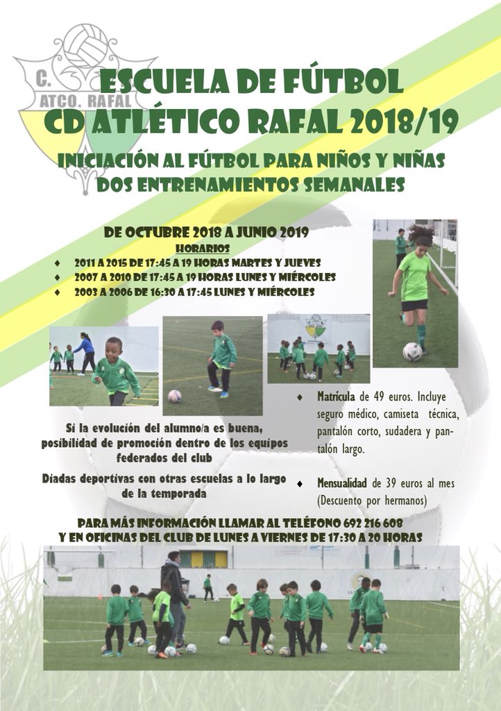 atrafal's tweet photo. ESCUELA DE FUTBOL 2018-2019 | ¡¡Reserva tu plaza!! Ven a iniciarte al ⚽️ y disfruta con tus amigos, realizando 2⃣ entrenamientos a la semana. Diversos horarios 🕔 según la 📆de nacimiento de tu hijo/a. Informate en las oficinas de 17:30 a 20h #escuelafutbolATR #futbolbase https://t.co/d3AtgFe9kl