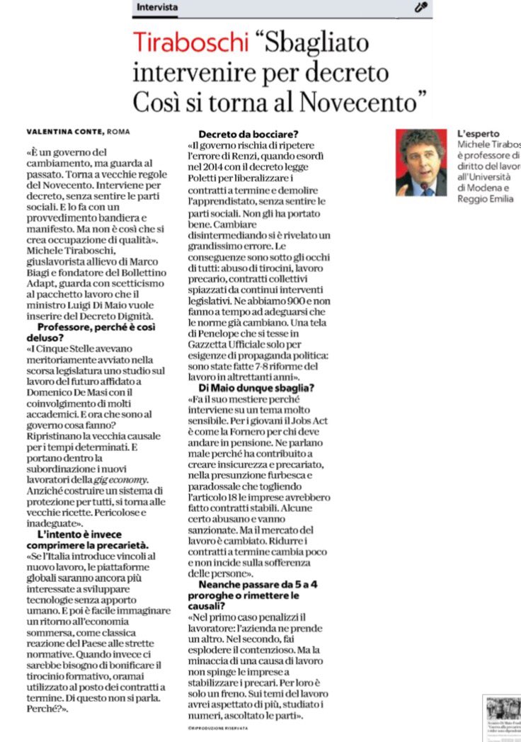 francescoseghez's tweet photo. Il #DecretoDignita rischia di inciampare nell'errore del #JobsAct non coinvolgendo la rappresentanza e facendo l'ennesima riforma senza leggere i cambiamenti del #lavoro. Oggi @Michele_ADAPT su @repubblica. https://t.co/mzOJjjOoQk
