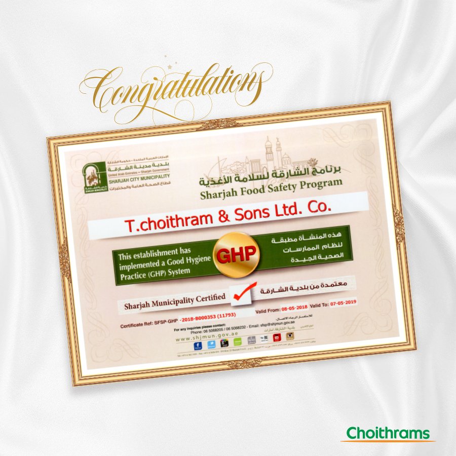 choithramsuae's tweet photo. Choithrams is proud to receive the GHP (Good hygiene Practice) certificate from Sharjah Municipality, for the second year in a row.
This adds on to our Goodness philosophy in always bringing the best to our customers.
@shjmunicipality #BestHygienePractice #Choithrams #Hygiene https://t.co/jNapMjn6Ro