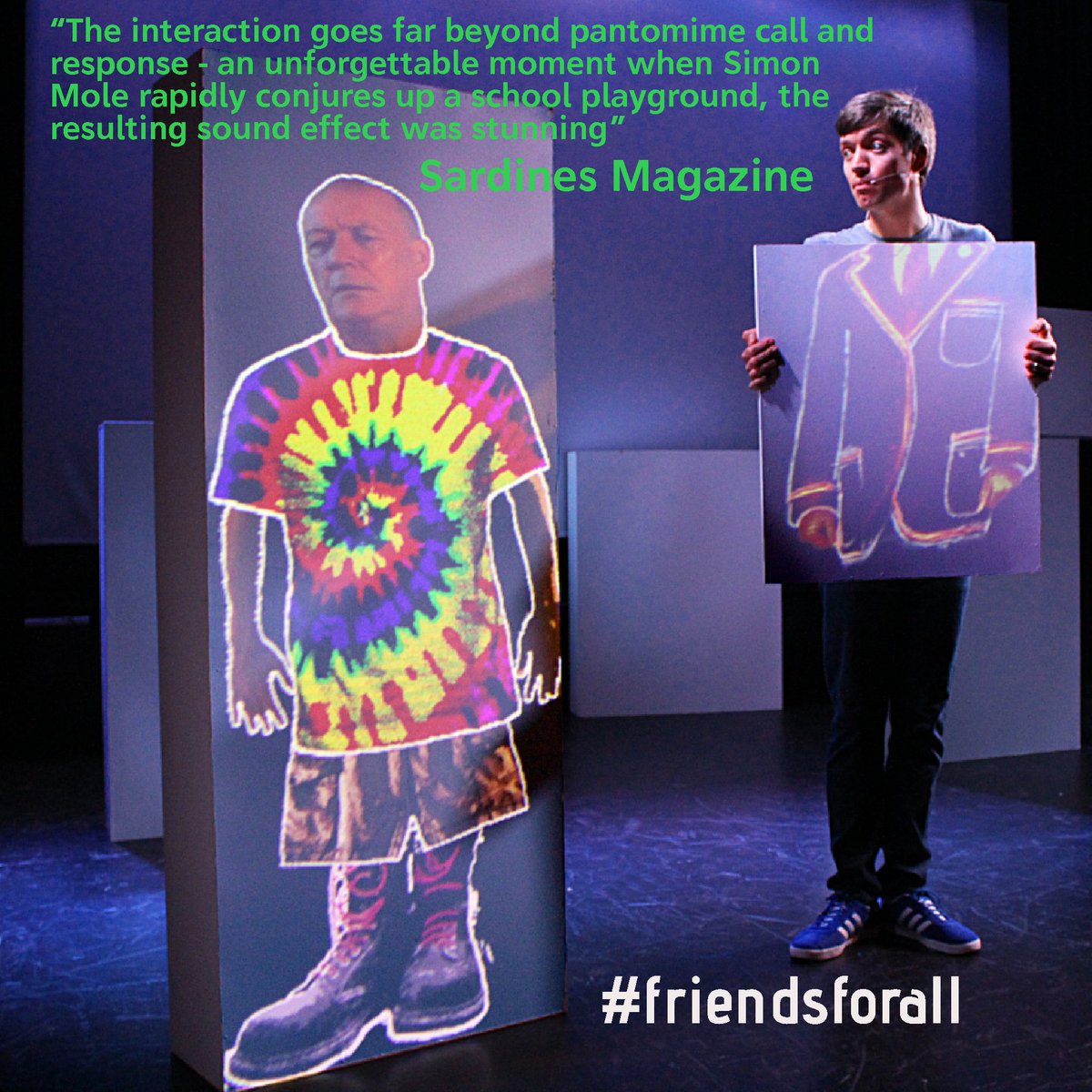 Si_Mole's tweet photo. “The lighting and projection were spot on, timed to perfection” - quotes like this are down to stage crew like Andy Shewan, stage manager extraordinaire! Big up to all those people who crew shows and tours helping make it all happen :) #friendsforall #tourtimes #lastwordfestival https://t.co/BMDOC9c12s
