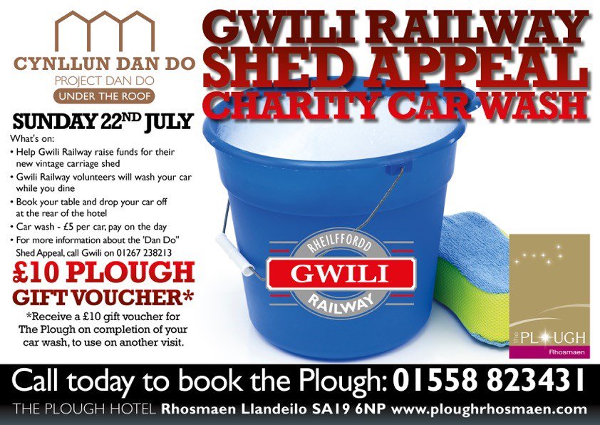 ✨Charity Car Wash  ✨
Cone along on Sunday 22nd July and have your car cleaned while you dine for only £5. Not only do you have a nice clean car but you'll also receive a £10 gift voucher to use at The Plough on another visit. All money raise goes to Gwili Railway.