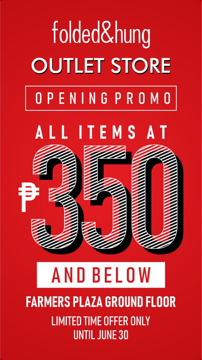 foldedandhungph's tweet photo. @foldedandhungph OUTLET STORE IS BACK! FREE Shirts for the first 100 Customers of our newest outlet store in Farmers Plaza, Ground Floor. No minimum purchase required!
Visit https://t.co/TxE1RWaqUm for latest styles!
#FHSummer2018 #WeAreFoldedAndHung #FHNewArrivals https://t.co/k9cBbKIswD