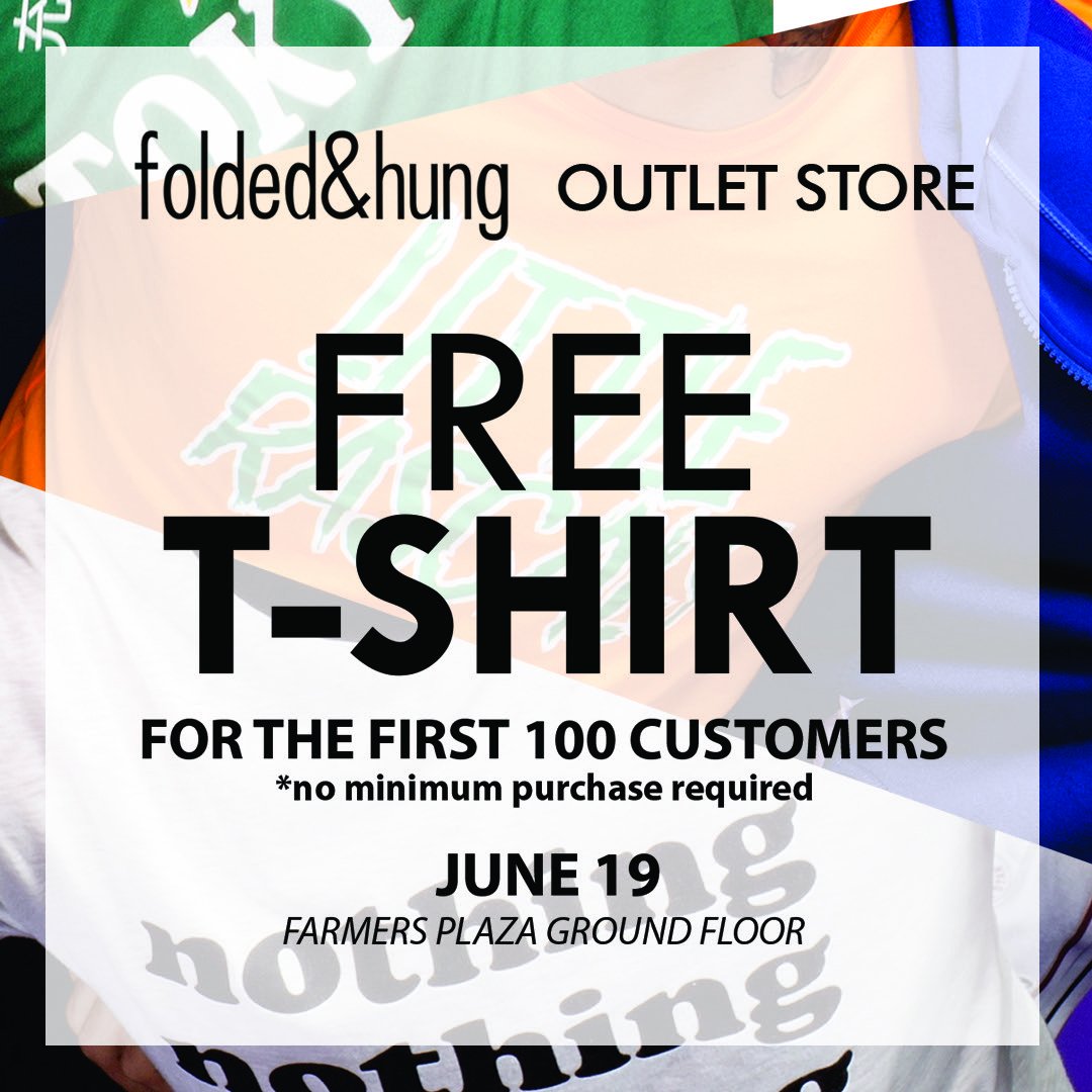 foldedandhungph's tweet photo. @foldedandhungph OUTLET STORE IS BACK! FREE Shirts for the first 100 Customers of our newest outlet store in Farmers Plaza, Ground Floor. No minimum purchase required!
Visit https://t.co/TxE1RWaqUm for latest styles!
#FHSummer2018 #WeAreFoldedAndHung #FHNewArrivals https://t.co/k9cBbKIswD