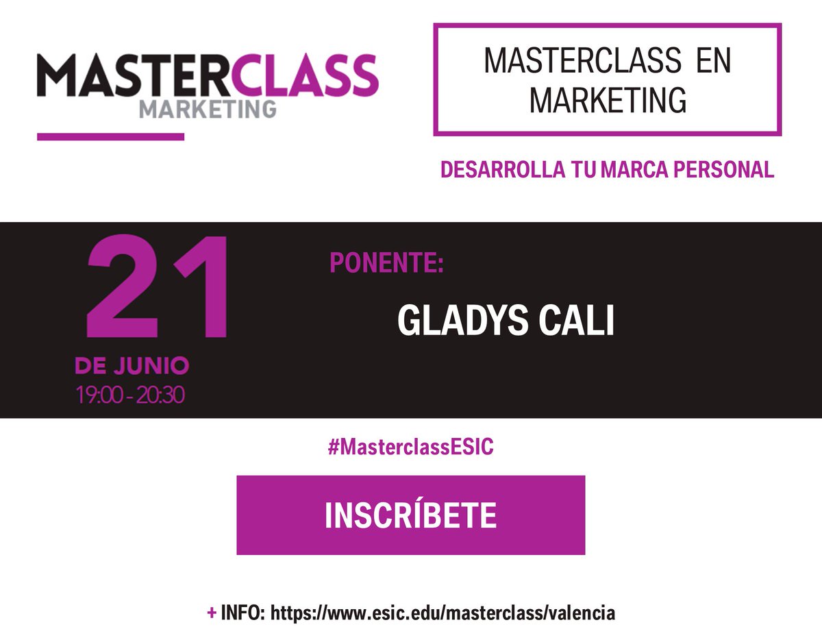 ESICValencia's tweet photo. Esta semana tenemos Masterclass de #Marketing con @glaaadys para aprender a desarrollar la marca personal. Aun estás a tiempo de apuntarte. ¿Te vienes?
🚩 Masterclass de Marketing
📅 21 de Junio
🕖 De 19h a 20:30h
#MasterclassESIC https://t.co/E7s1L9EPzQ