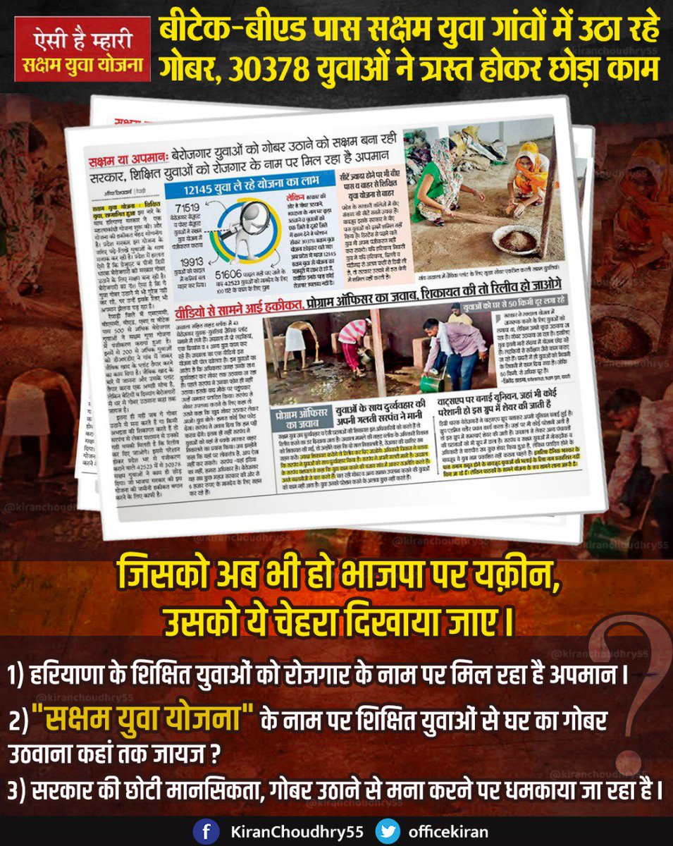 officekiran's tweet image. .@BJP4Haryana सरकार के सक्षम युवा योजना की जमीनी हकीकत का हाल आपके सामने है| शिक्षित युवाओं को रोजगार के नाम पर जैविक प्लांट पर गोबर उठवाया जा रहा है| अब तक 30 हजार लोगों ने नौकरी छोड़ दी, जो बचे 12 हजार युवा हैं उनको धमकाया जा रहा है कि शिकायत किया तो उन्हें रिलीव कर दिया जाएगा|