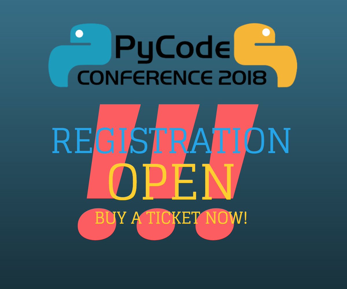 pycode_conf's tweet photo. Good news everyone!
Registration is now OPEN!
Prices are low for early birds. Buy a ticket now and pay less.
https://t.co/GoTB963iGv #python #pyconf #datascience #pyconference #machinelearning #conference https://t.co/Re34YKtOKY