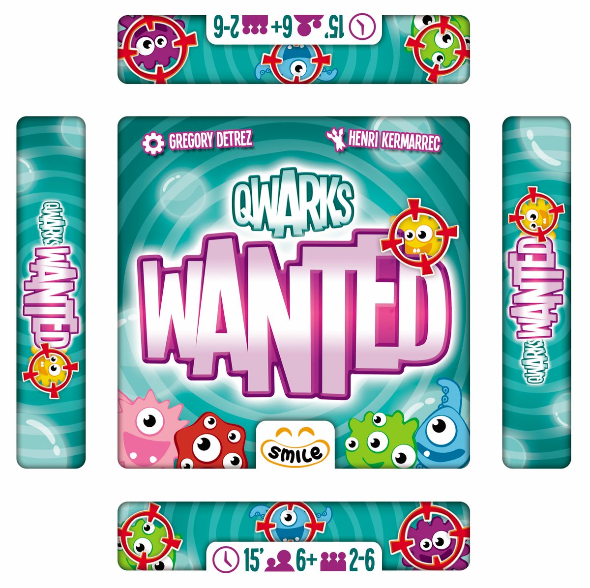 QWARKS WANTED will be proposed in a size identical to the first QWARKS with the same publishing quality. Here it is the cover of the box.
QWARKS WANTED sera proposé dans un format identique au premier QWARKS, avec la même qualité d’édition. Voici la couverture de la boîte du jeu.