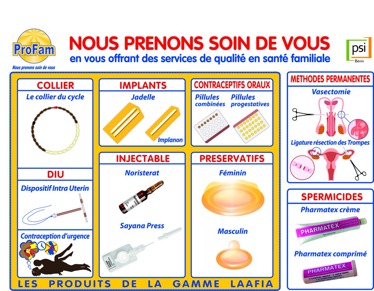 Comment choisir une méthode de planification familiale ? Rendez-vous dans une clinique ProFam. Vous pouvez aussi appeler gratuitement le 7344 pour vous situer  ou visiter: abmsbj.org/index.php/prod… pour davantage d'informations