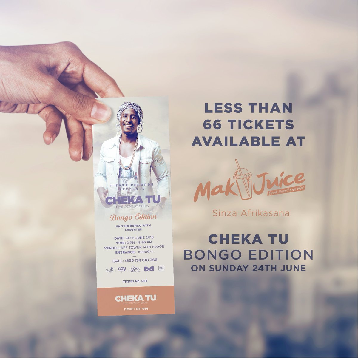cheka_tu's tweet photo. Less than 66 tickets available at @makjuice_tz each 10,000/= CHEKA TU - BONGO EDITION by @coy_mzungu Don’t miss!!! Sunday 24th June 2018
__________
#ChekaTu #BongoEdition #Friends #ChekaTuLiveComedyShow #ChekaTuLCS #CoyMzungu #Tanzania #TanzaniaComedyPlatform #24thJune2018 https://t.co/JWo6fUt8OI