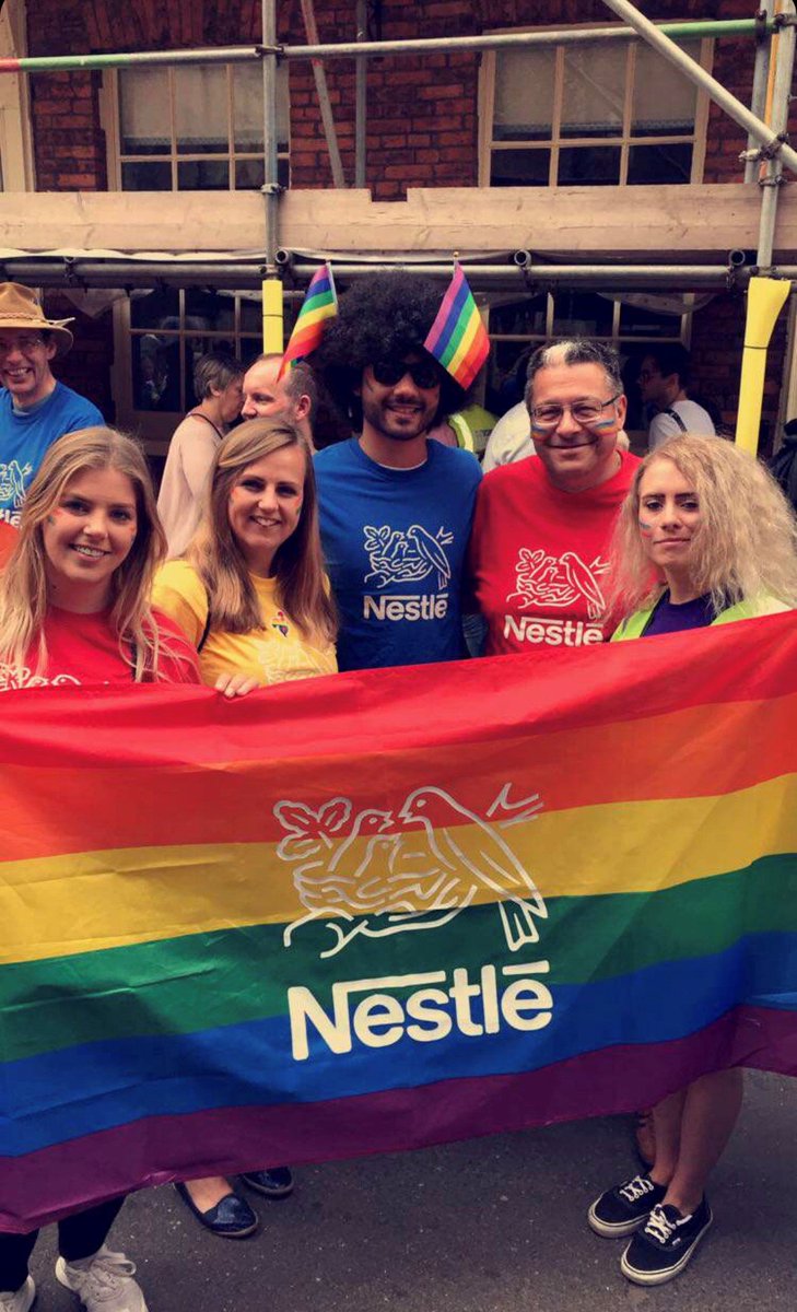 NestleUKI's tweet image. Nestlé staff from across the UK participated in York Pride again this year, proudly raising their flags in support of greater equality for LGBT+ people. bddy.me/2HXf8Z7 #FlagItUp #YorkPride