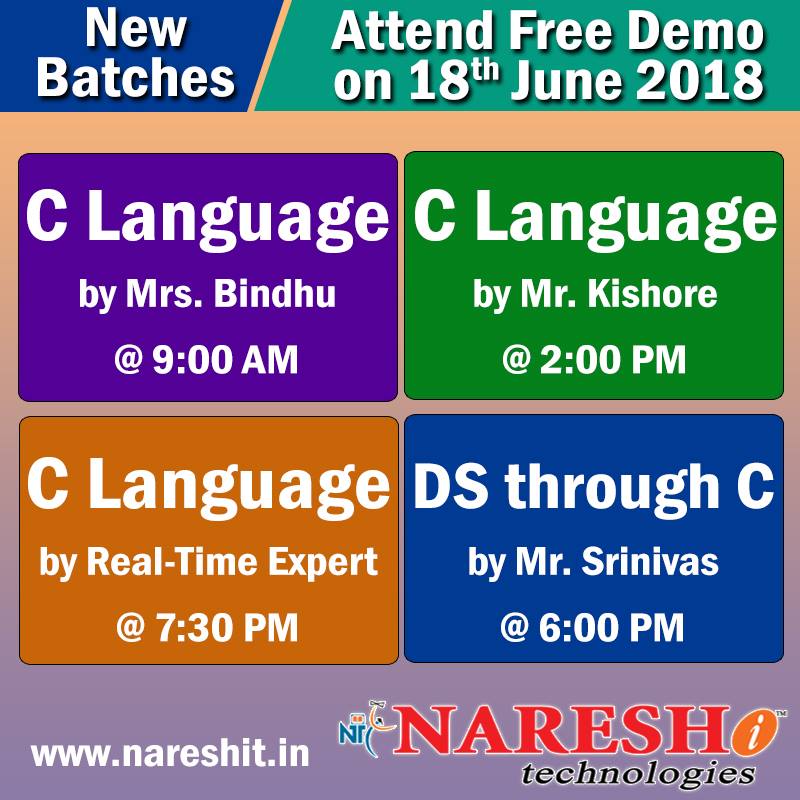 nareshitech's tweet image. Attend Free Demo of New Batches on 18th June by Real-Time Experts at NareshIT
#CLanguage #Ctraining #DSthroughC #Ccourse #Cprogramming