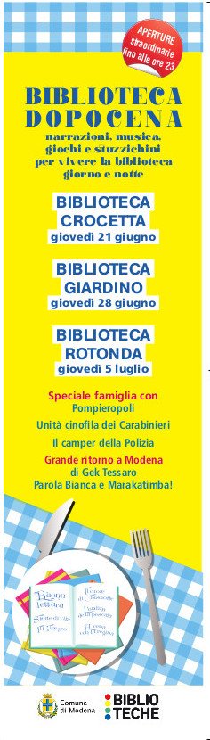 modenazerosei's tweet photo. Al via la rassegna "BibliotecaDopocena", per vivere la biblioteca anche d'estate e dopocena... Spettacoli, narrazioni e giochi... https://t.co/5jRjeObe0b #Modena #bibliotecadopocena #tiratardi @bibliotechemodena @bibliotecacrocetta @bibliotecagiardino @bibliotecarotonda https://t.co/79gaahoZrs