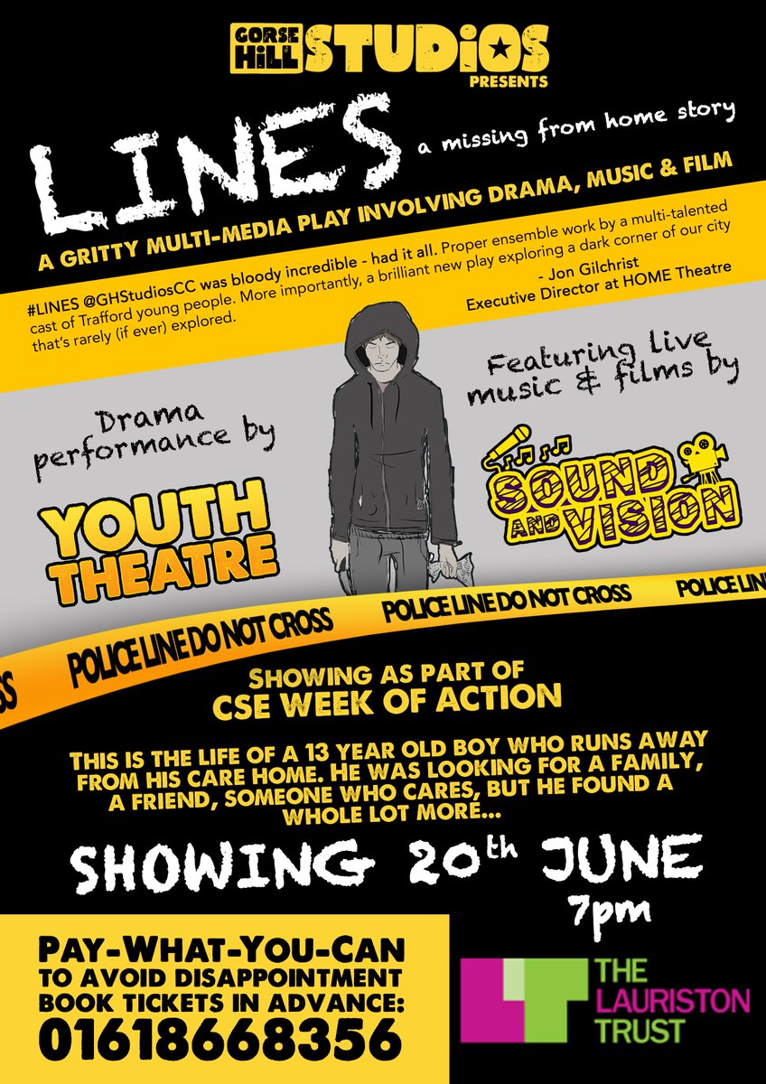 traffordsafe's tweet photo. LINES is a performance about criminal exploitation, @GHStudiosCC has put on a special performance for the #CSE week of action. Call 0161 866 8356 for tickets #ItsNotOkay @NotOkayGM @TraffordCCG @GMPstretford https://t.co/AGkksU3oWy