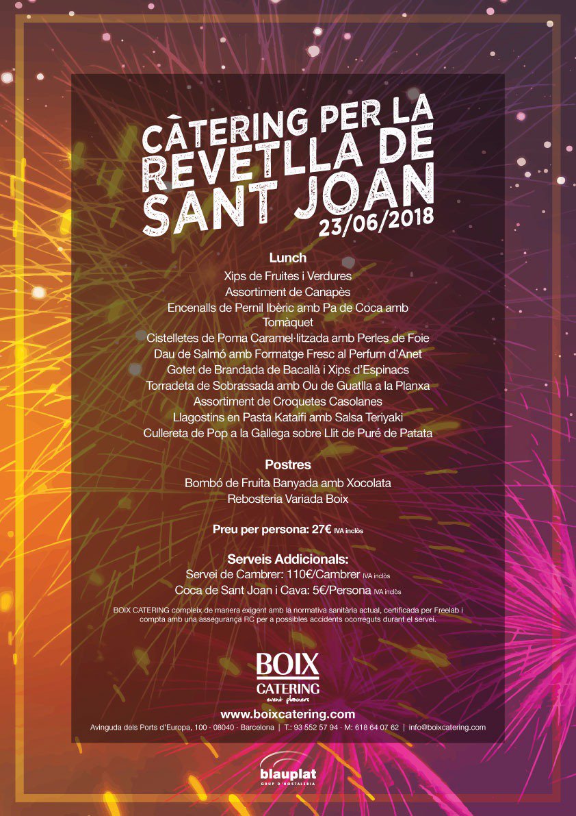 BoixCat's tweet photo. Boix Catering volem que aquest #Sant #Jordi gaudeixis del bo i milllor de la cuina, per això us fem una proposta de #càtering irresistible! Fes d'aquest Sant Joan una festa gastronòmica... amb #Boix! https://t.co/s0uYRUbKLi