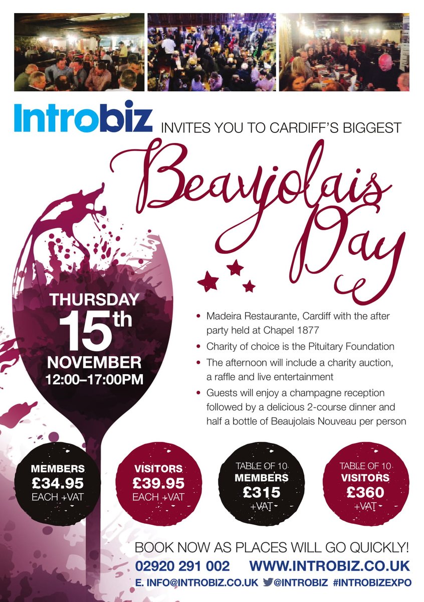 introbiz's tweet photo. It’s our favourite time of the year again – Beaujolais Day! 🍷🎉Join #Introbiz at the #MadeiraRestaurant on the 15th November to celebrate wine, have lots of fun and #network in style! Seats are limited so hurry up and book! https://t.co/juOb9zwYPG #business #wine #wales #cardiff https://t.co/A6cWRKM14a