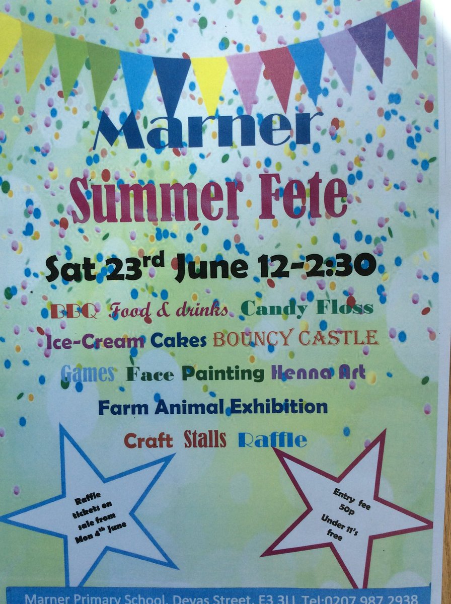 Keep the date. Everybody welcome. Marner school Summer Fete Saturday 23rd June 12-2.30.
Raffle tickets now on sale.