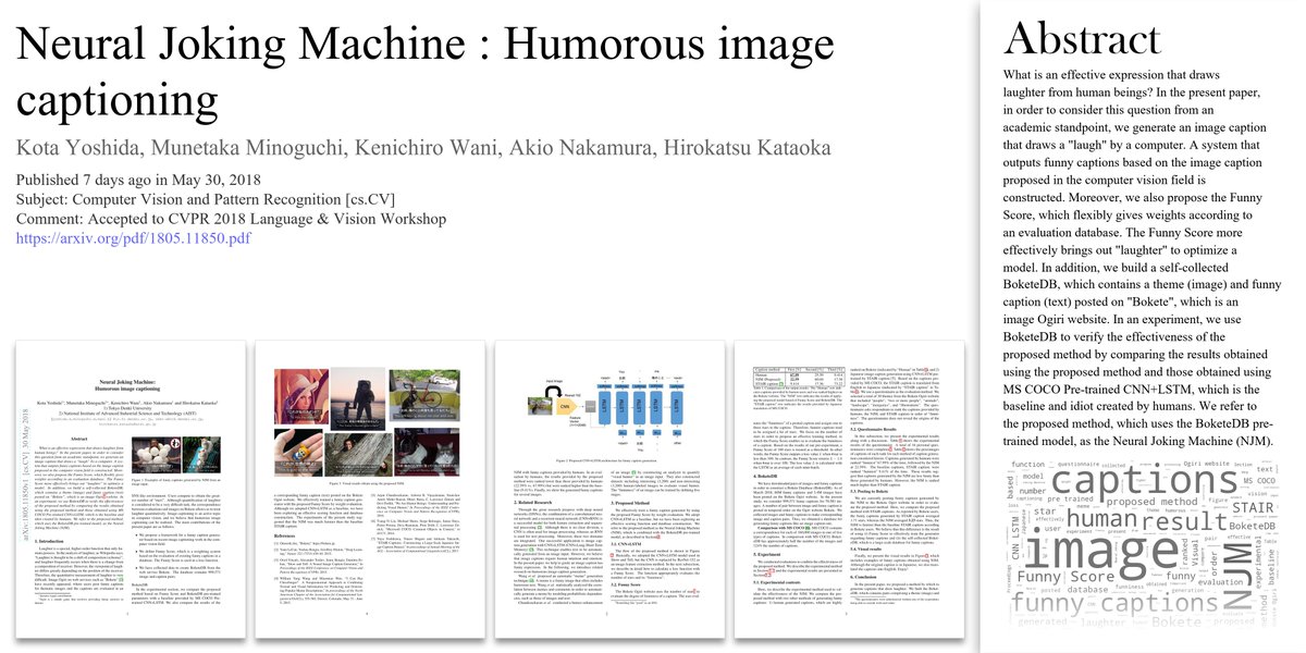 arxivtrends's tweet image. ๐ค Neural Joking Machine : Humorous image captioning
โ๏ธ Kota Yoshida et al.
๐ arxiv.org/pdf/1805.11850โฆ
๐ Tweeted by @hardmaru, @daharu0211, @mecab et al.
#ComputerVisionandPatternRecognition #csCV #csCL