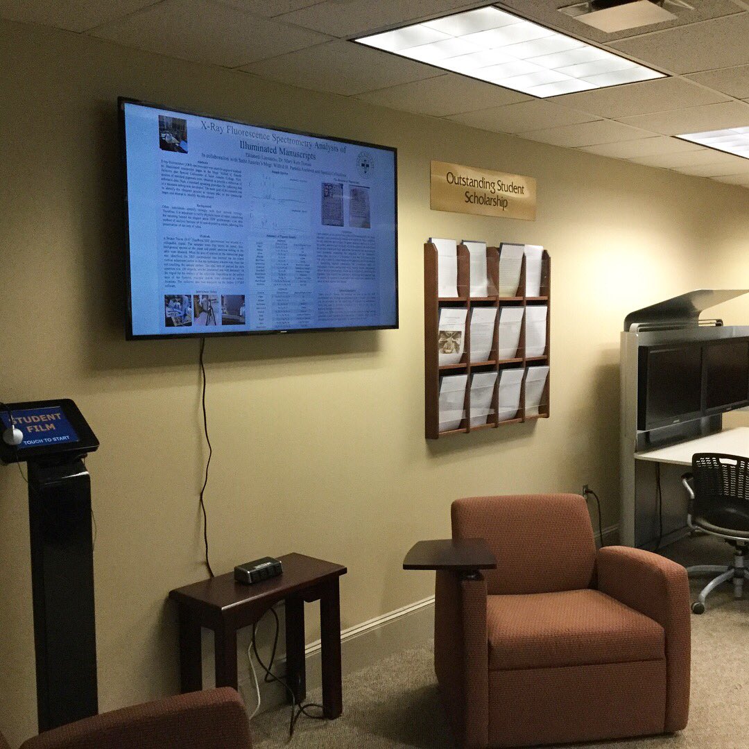 GeiselLib's tweet photo. Check out our new Outstanding Student Scholarship display! Weโve still got papers, the posters have gone digital, and we can now show student films. The group work table that was there has been moved downstairs to the group study floor. #sprucingup https://t.co/2oKjBo5Q6g