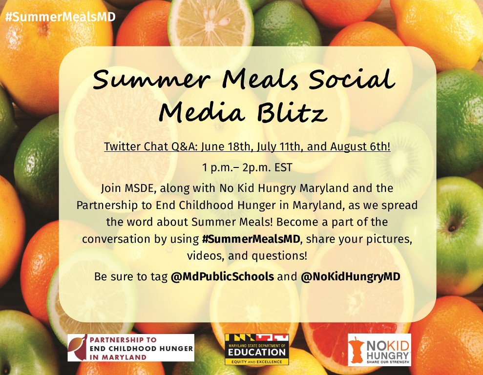 SarahKilby_MPH's tweet photo. 🌞🌞🌞Join @MdPublicSchools &amp; @NoKidHungryMD this summer on social media! Tag photos and promotional materials with #SummerMealsMD! To find a summer meals site near visit https://t.co/kKUdgRkjUN 🌞🌞🌞 https://t.co/DaBeYUksY4