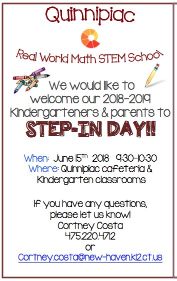 QuinnipiacStem's tweet photo. Just a reminder for any of our INCOMING KINDERGARTEN families, that STEP IN day will be taking place Friday June 15th from 9:30-10:30. Come see the school, meet the teachers, and get ready for kindergarten! Hope to see you there! #Welcome #STEPINday #IncomingKindergarten https://t.co/sYPskos3s6