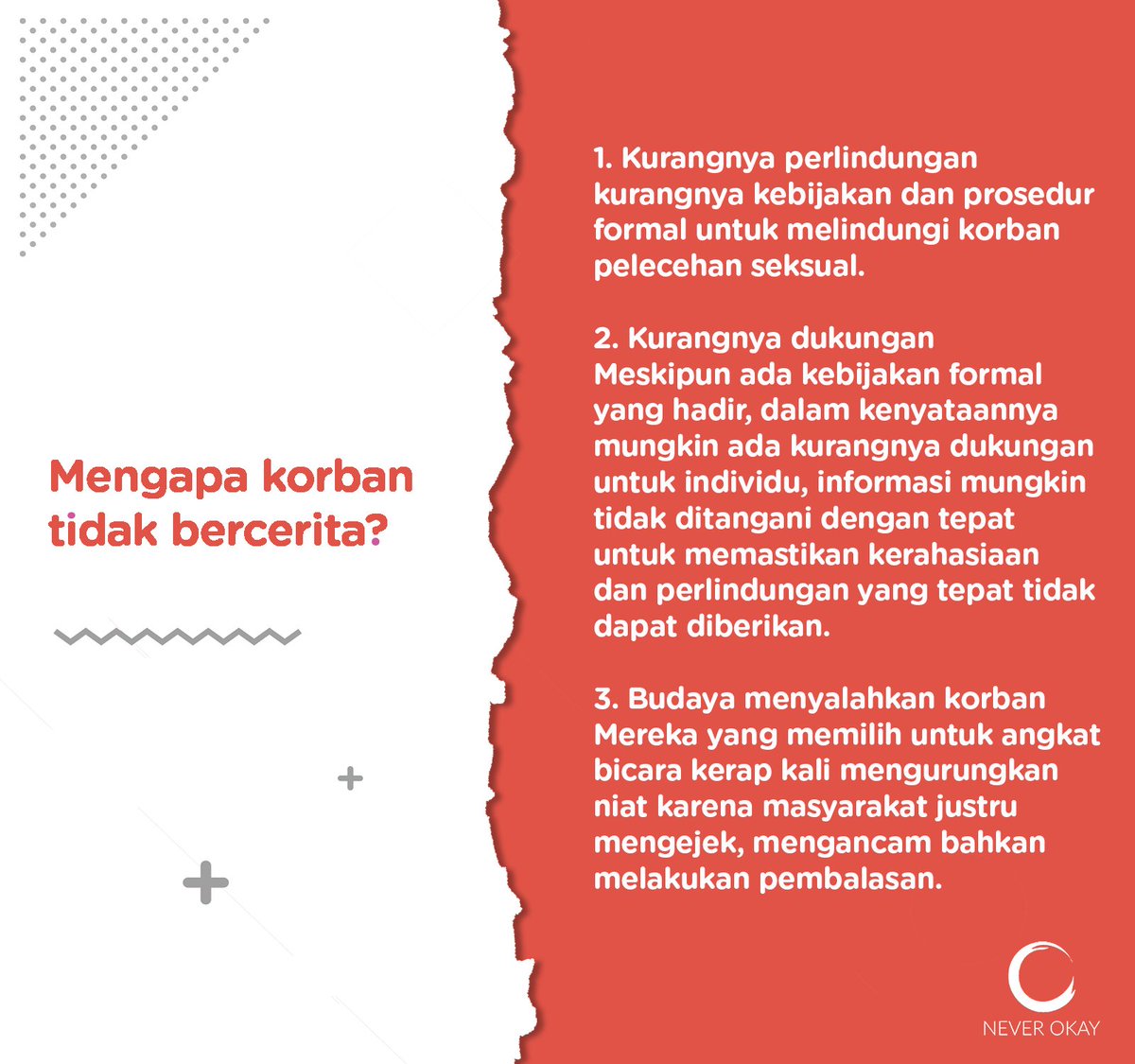 Selain karena budaya victim-blaming yang masih kuat, ada beberapa hal lain yang bisa menyebabkan korban enggan cerita: 

#sayajuga #neverokay