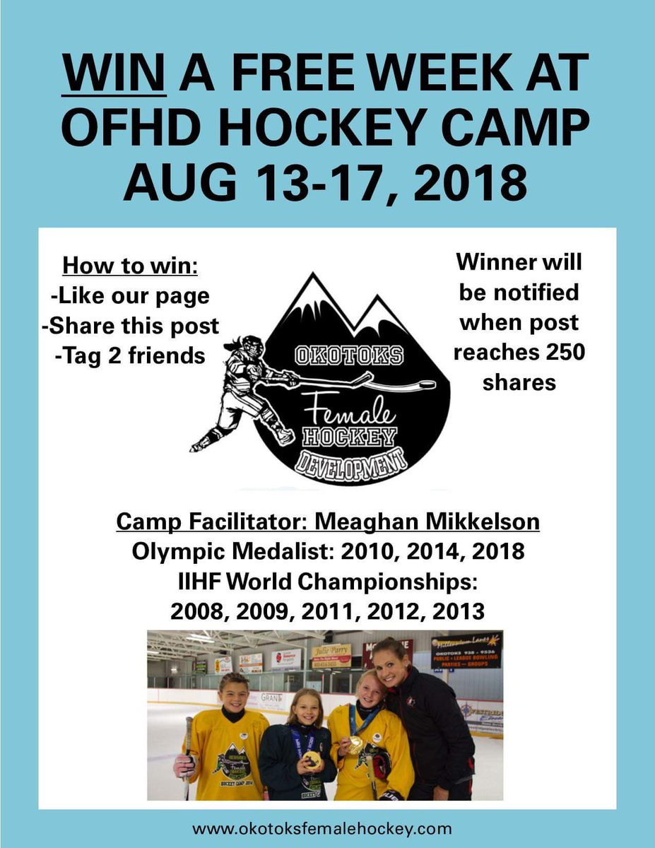 OFHD1's tweet photo. Spots open for our female camp Aug 13-17 in Okotoks. See Our Facebook to win your week free. Register at https://t.co/2PTZoL2Ylf #WomensHockey #girlshockey #albertahockeycamp @Mikkelson12 https://t.co/HxAL3Ie8ed