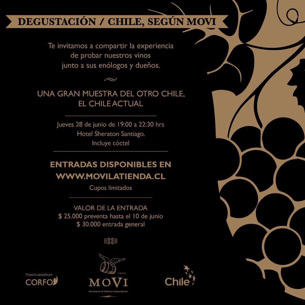 Comienza la preventa POR POCOS DÍAS de entradas para la gran degustación “Chile según MOVI” 🍷 Jueves 28 de Junio en Hotel Sheraton 🍷