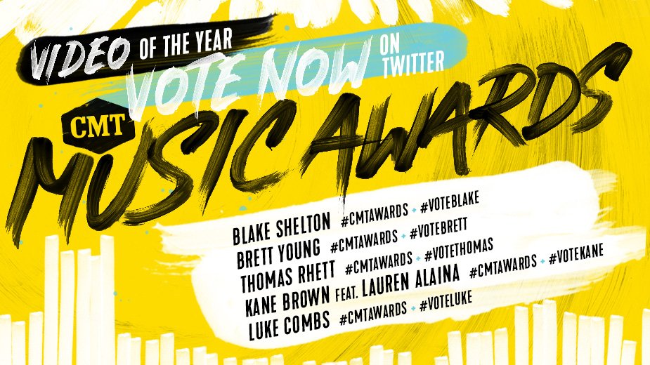 CMT's tweet photo. The 2018 #CMTawards Video of the Year finalists have been chosen! Vote NOW for your favorite by tweeting with the following hashtags... @blakeshelton @BrettYoungMusic @ThomasRhett @kanebrown feat @Lauren_Alaina and @lukecombs https://t.co/e2qsYEoEaH
