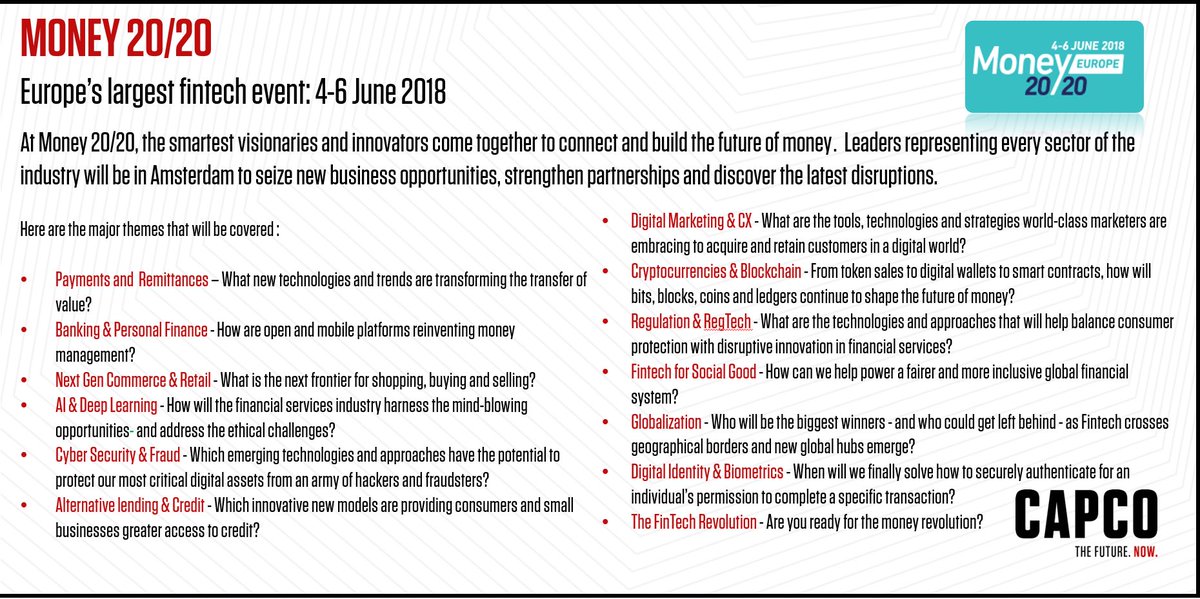 ievaSur's tweet photo. Capco is at Money 20/20! Below you can see some of the topics being covered. #capcodigital #Money2020Europe #capco https://t.co/hN83fJ5bad