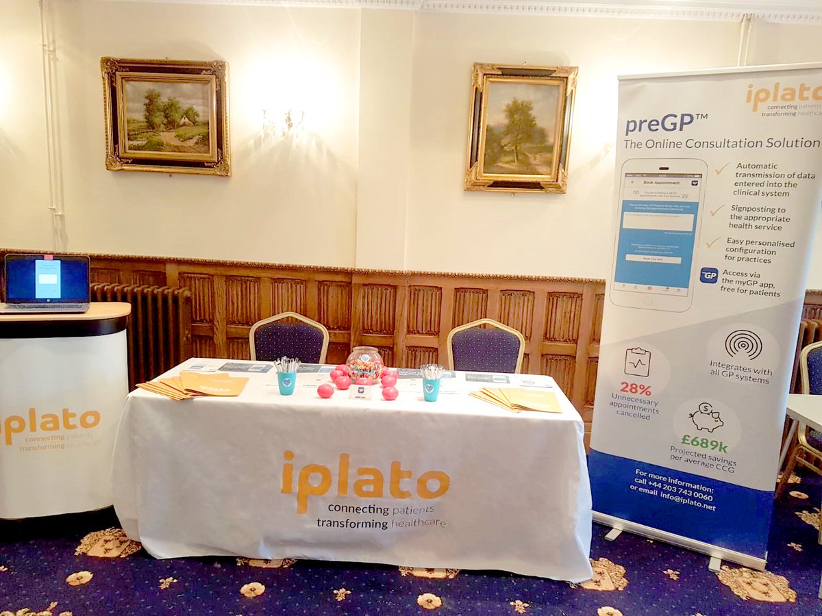 iPLATOhealth's tweet photo. Setup done for the Online Consultation Event in Gatwick, come and say Hi! #onlineconsultation #mHealth #preGP @myGPapp #ilovemyGP https://t.co/pP9kmtDkMP