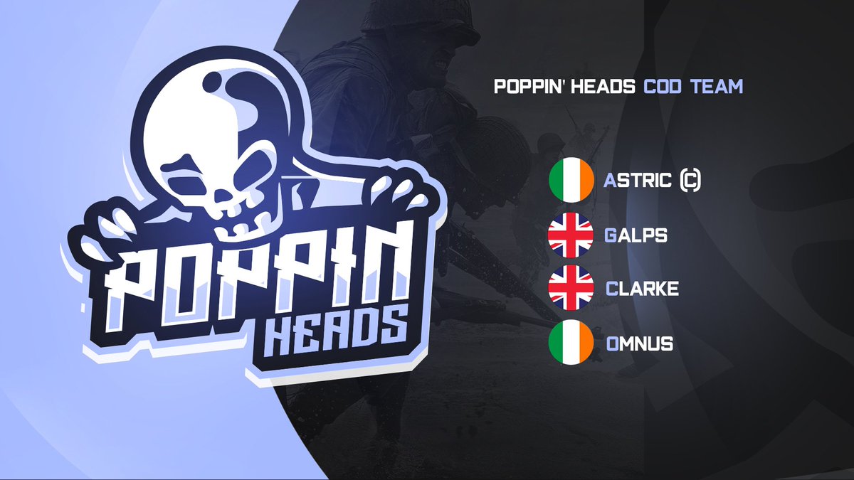 Poppin_Heads's tweet photo. [#COD]

We are happy to announce our NEW Call Of Duty Roster!
They will be representing us in the @VAL_COD &amp; @EEGOnline 

🇮🇪@AstricAJ (C) 
🇬🇧@GGalpS 
🇬🇧@Clarkeee247 
🇮🇪@Omnus_ 

Welcome To The Team! https://t.co/Cs8SWnqj00