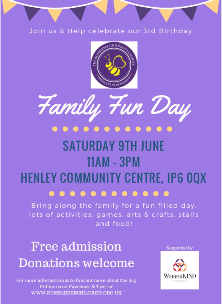 jenwoodhatch's tweet photo. Hi Everyone, 

Not long now until we celebrate the 3rd Birthday of the wonderful charity #WomenKIND #Ipswich are supporting during 2018 - The Bumblebee Children's Charity. 

Please come along and support our family fun day Henley Community Centre - 11am to 3pm! FREE ENTRY https://t.co/U1rmL3aQVP