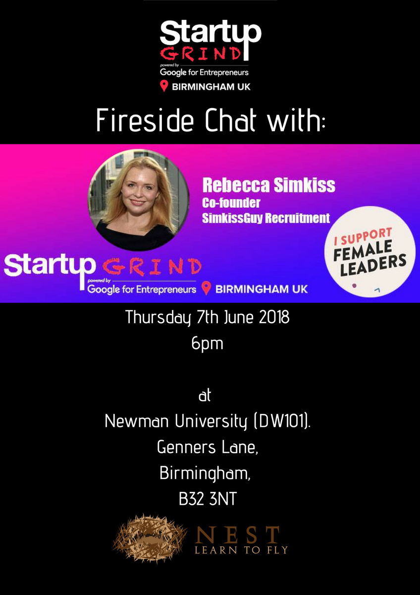 Not long left to sign up to hear the wisdom of <a href="/Beckysimkiss/">Rebecca Simkiss</a> ! <a href="/StartupGrindBHX/">Startup Grind Birmingham UK</a> FIreside Chat Thurs 7th June @ 6pm at <a href="/Newman_Uni/">Birmingham Newman University</a> || FREE SIGN UP: ow.ly/KCRi50hyium