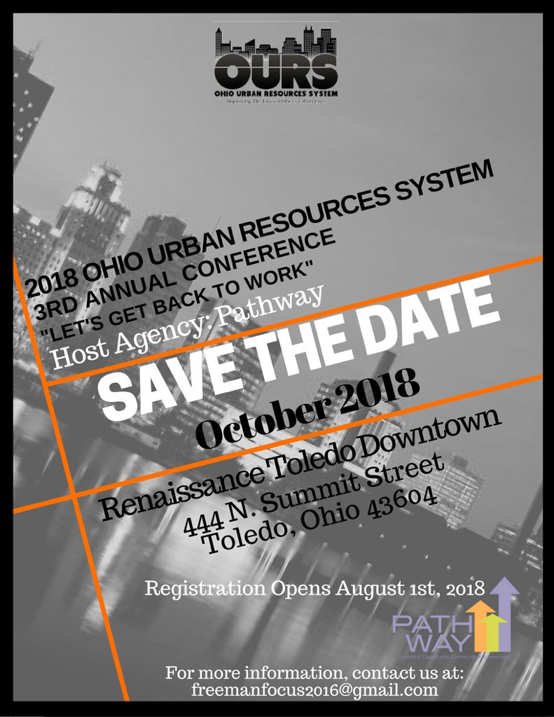 OHUrbanCounties's tweet photo. Where will you be October 24-26, 2018?! Join us for the 3rd Annual OURS Conference in Toledo, OH. Registration opens August 1st. @LorainCountyCAA @IMPACTCA @CincyCAA @Pathway_Toledo @CEOGC #SCCAA #MYCAP #TCAP #CACEHR https://t.co/eo3MgYEYGn