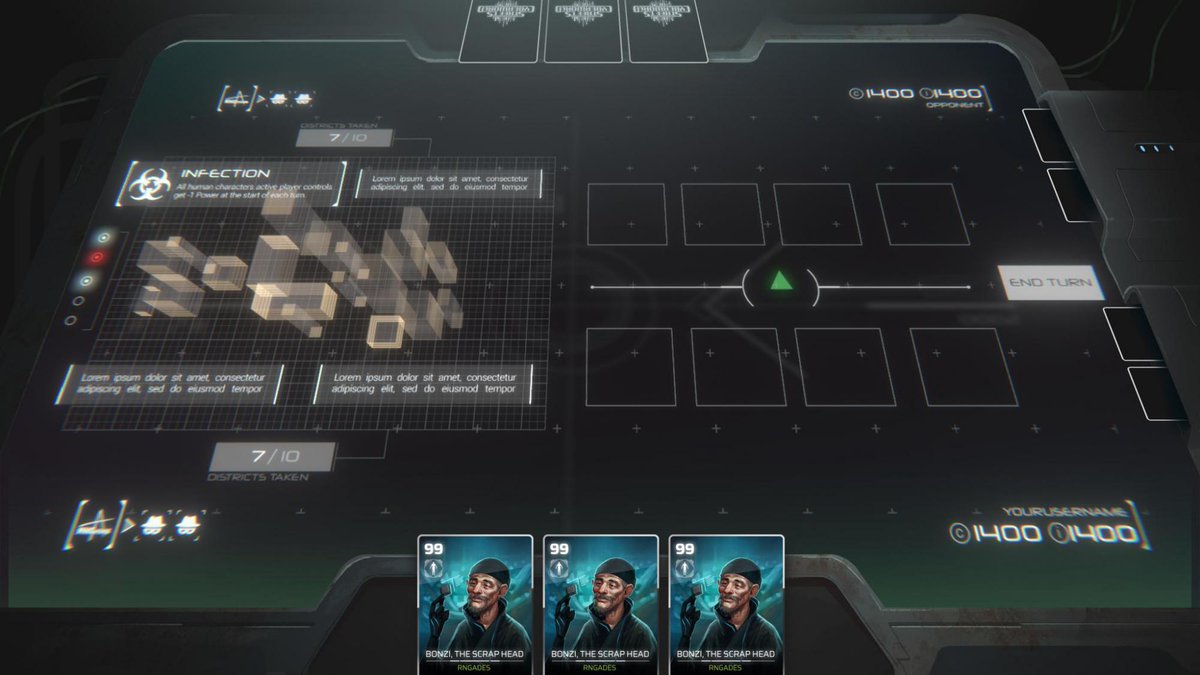 Very rough UI is there. Adjusted the camera angle instead of straight top-down view. The screen is now split in two: character deployment slots and the map that you attack/defend. Still lots of work to do... #indiedevhour #IndieGameDev #indiegame #ccg #cardgame  #userinterface