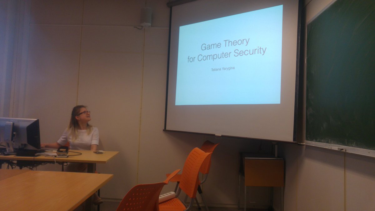 anyahelene's tweet photo. Today, Tetiana Yarygina (Tanya) explains how #GameTheory can be used for #ComputerSecurity. #informatikk @uib #cybersecurity #softwaresecurity https://t.co/zeFlPyt6qx
