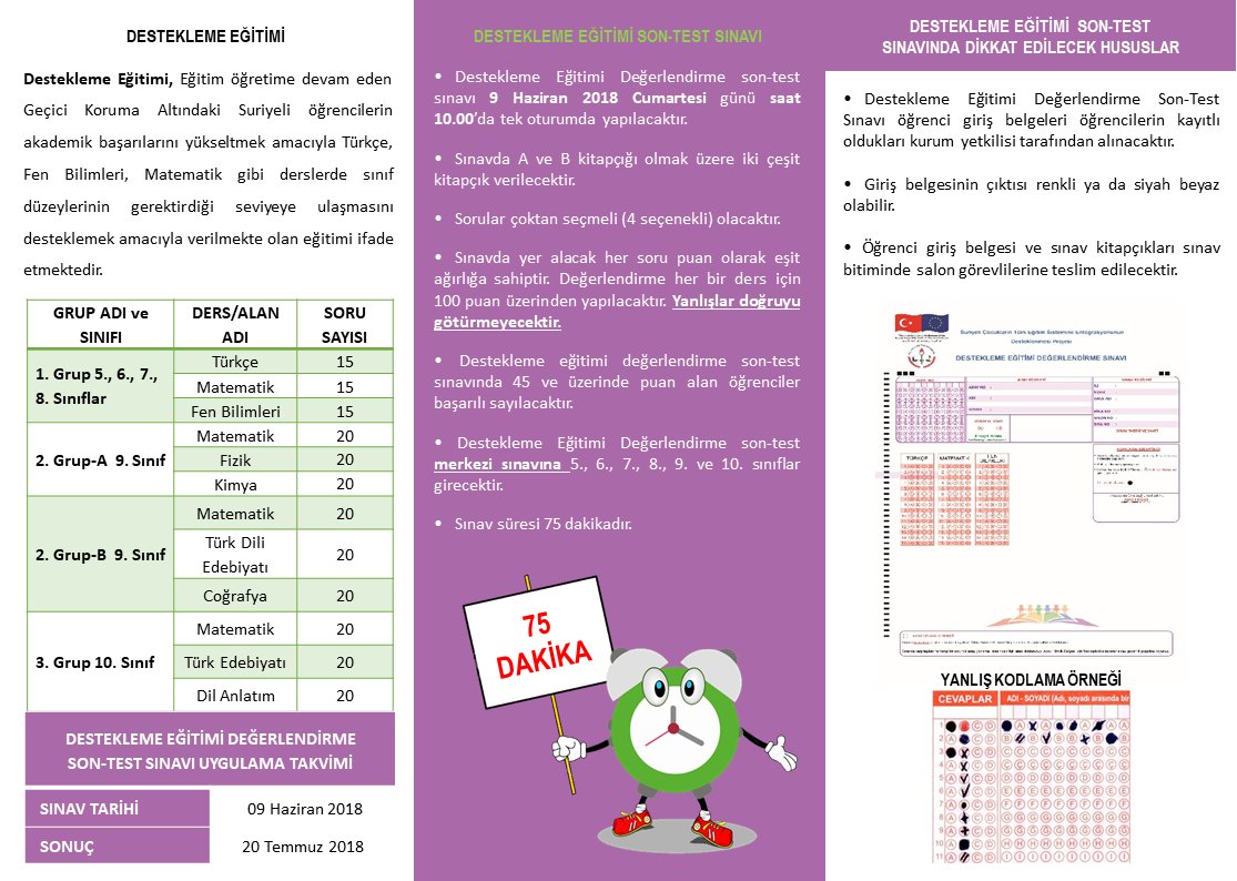 20 ilde öğrenimlerini sürdüren Suriyeli öğrencilere 09 Haziran 2018 Cumartesi günü Suriyeli Çocukların Türk Eğitim Sistemine Entegrasyonunun Desteklenmesi Projesi kapsamında Destekleme Eğitimi Son Test Sınavı uygulanacaktır. <a href="/EUDelegationTur/">AB Türkiye Delegasyonu🇪🇺EU Delegation to Türkiye</a> <a href="/tcmeb/">Millî Eğitim Bakanlığı</a> @PictesProjesi @pictesogretmen