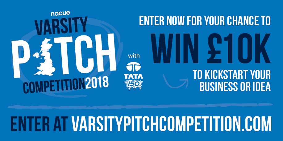 NACUE's tweet photo. Ready for the NACUE &amp; @TataEurope #VarsityPitch18? Got a budding idea that's going to change the world? Applications are now open! For your chance to win £10K for your new business, enter now at https://t.co/nG7B2UIi8t https://t.co/eb9fLDF8np
