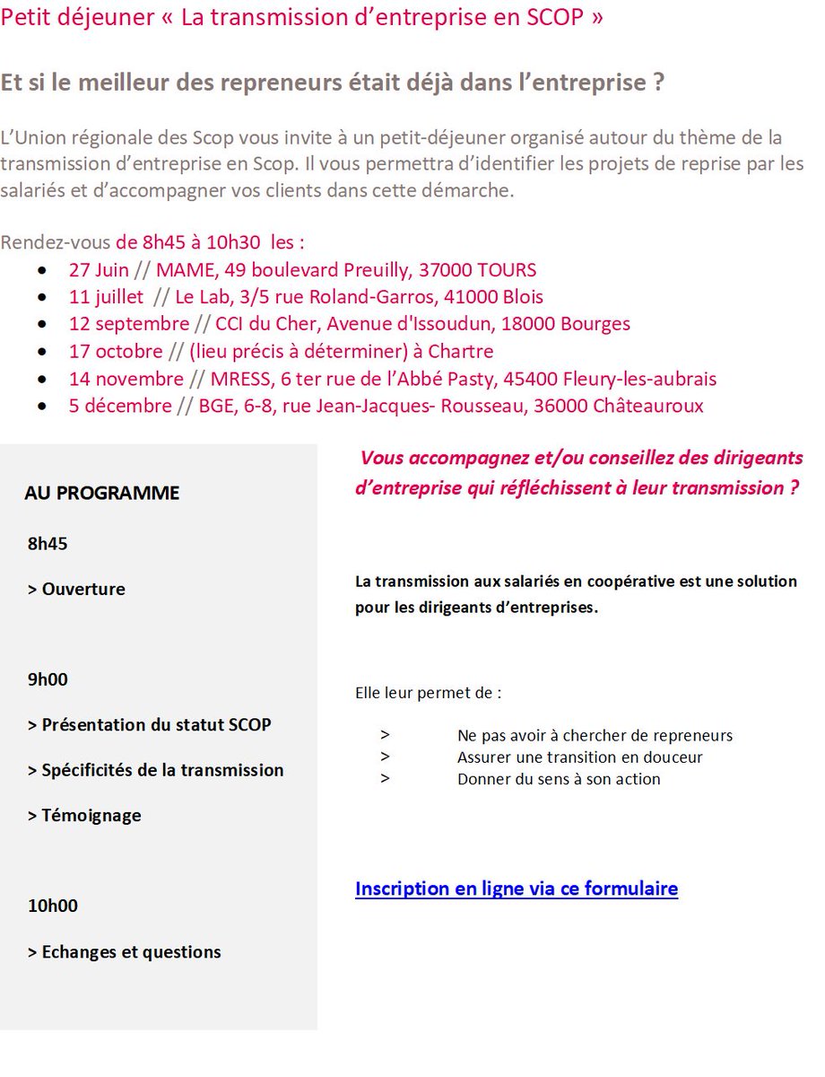 Petit déjeuner « La transmission d’entreprise en SCOP »
Et si le meilleur des repreneurs était déjà dans l’entreprise ?
Vous accompagnez et/ou conseillez des dirigeants d’entreprise qui réfléchissent à leur transmission ? 
docs.google.com/forms/d/e/1FAI… <a href="/Les_Scop_Centre/">Les Scop et Scic Centre VDL</a> @cress_centre