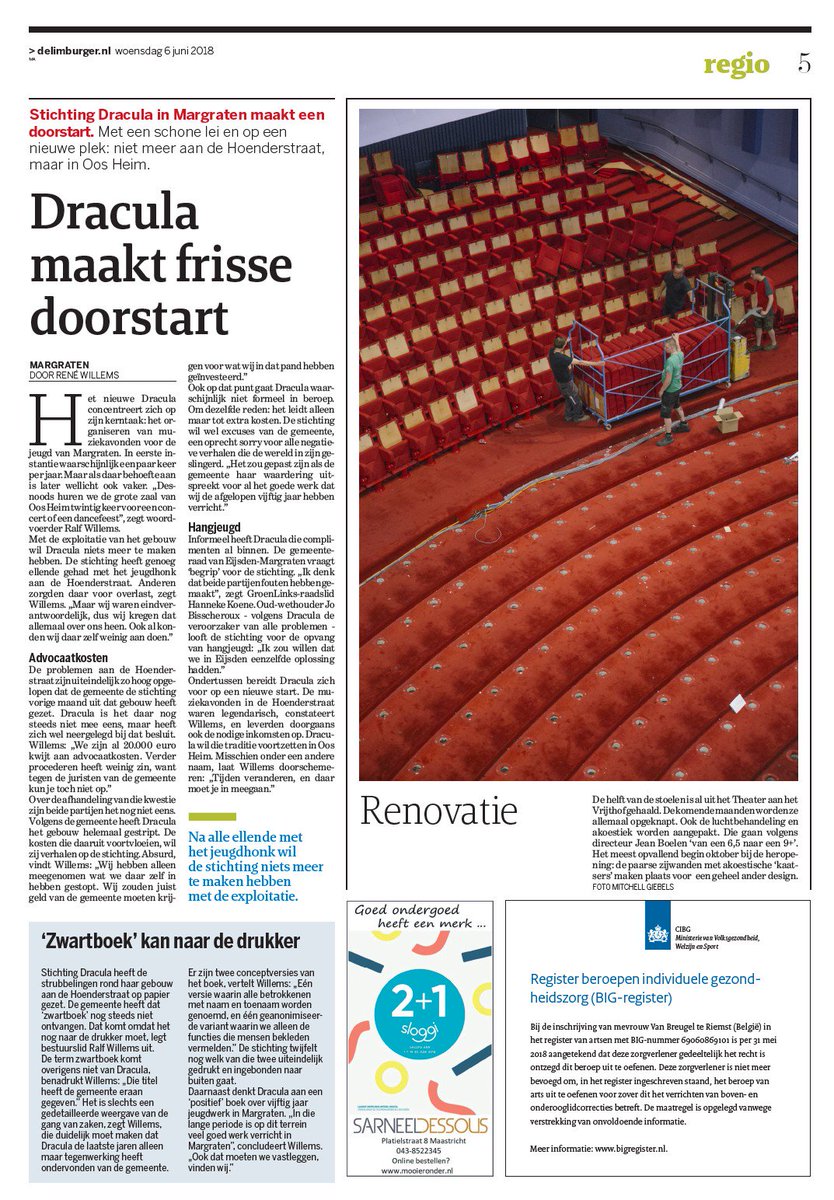 Vandaag stonden wij in <a href="/delimburger/">De Limburger</a>! De verbouwing van onze Papyruszaal is namelijk begonnen en wij kunnen niet wachten om jullie te weer te mogen ontvangen in onze vernieuwde zaal in oktober!