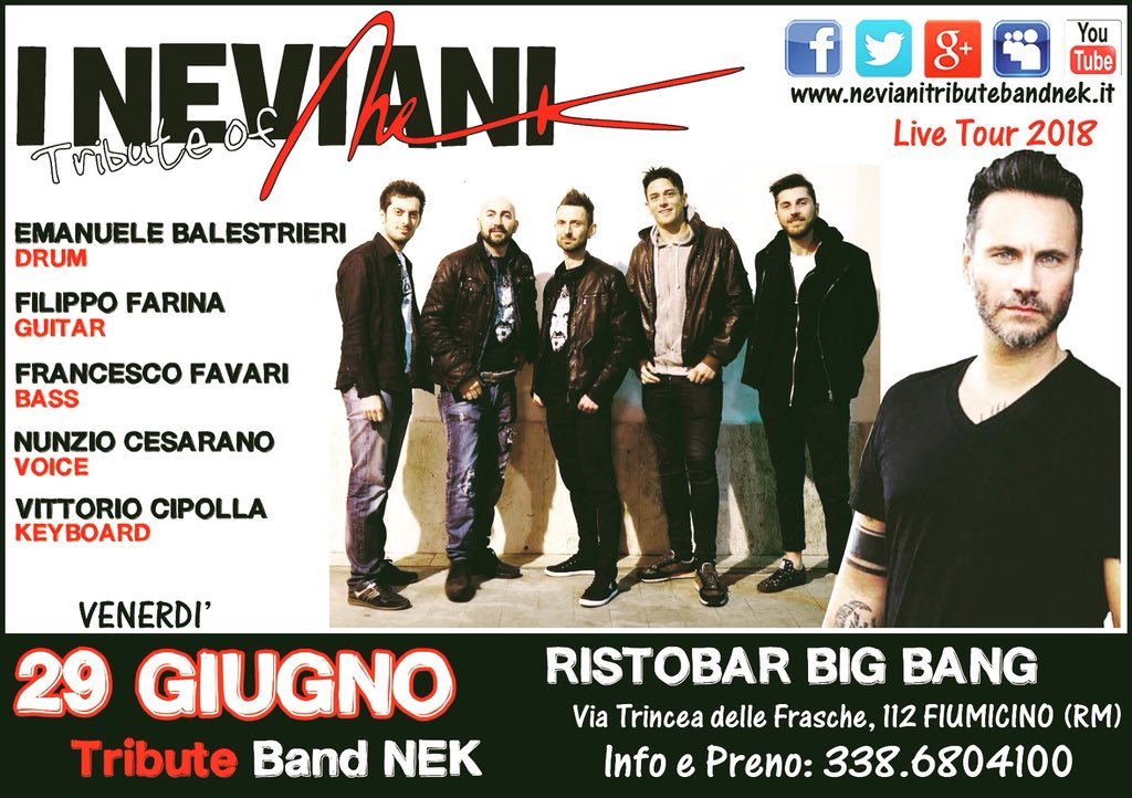 NevianiCoverNek's tweet photo. #ineviani #coverband #nek #live #ristobarbigbang #fiumicino Venerdì 29 Giugno, start 21.30 https://t.co/y0Ufj2PLzI