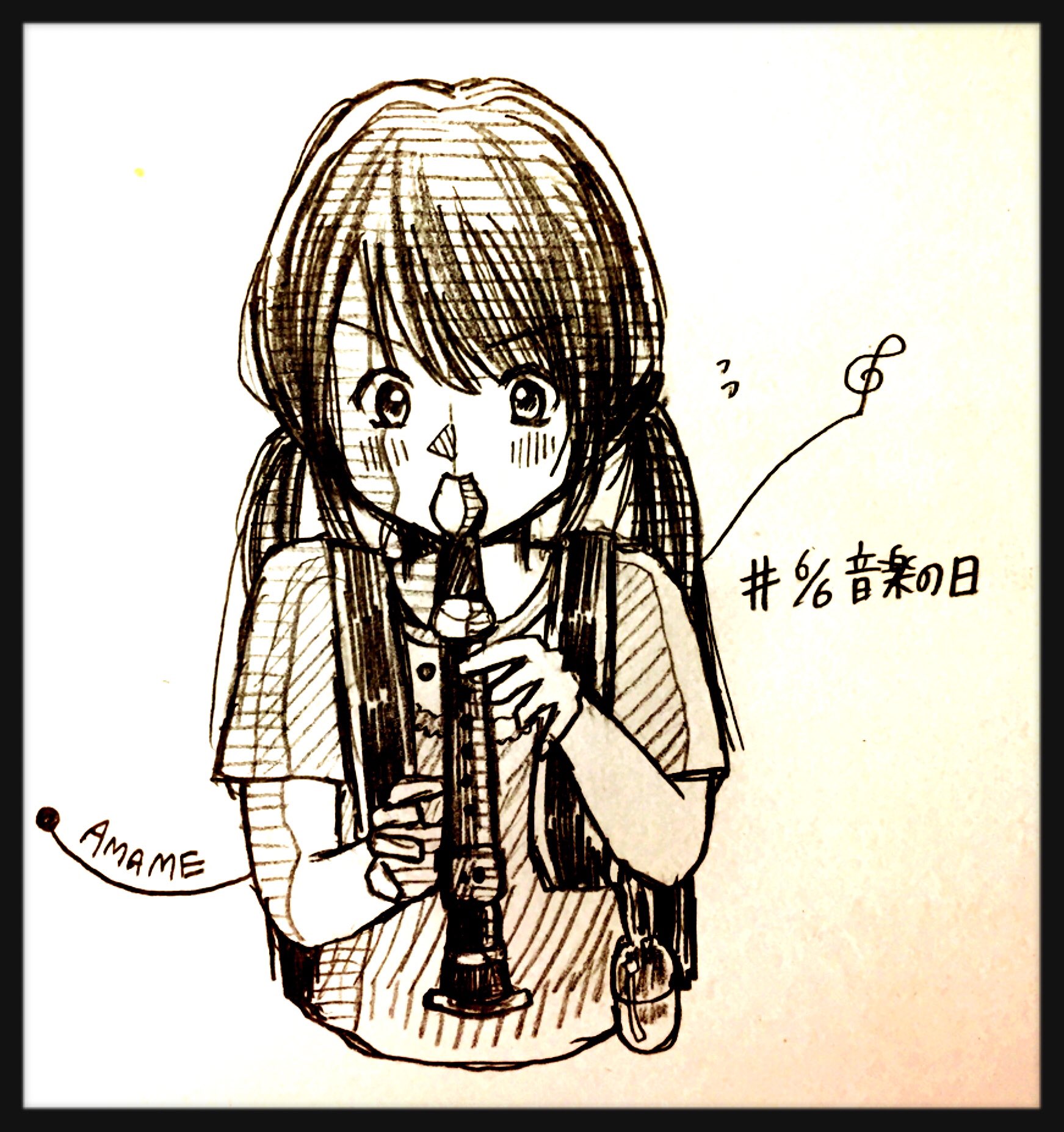 天芽紗希 今日は 音楽の日 小学生のとき 友達と一緒にリコーダー吹いた帰り道 オレンジの夕日の記憶です あ エアー鍵盤ハーモニカもやったな あなたさまの明日も またいい日になりますように 今日はなんの日 らくがき イラスト描きます 漫画