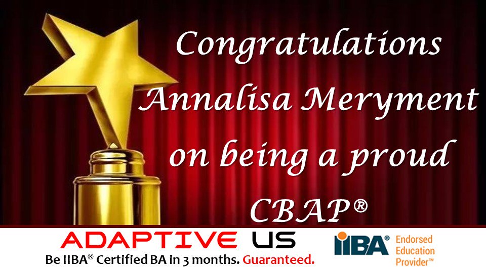 lnmishra's tweet photo. Congratulation Annalisa Meryment CBAP on getting #CBAP certified. We at Adaptive US are proud of your achievement.
#CBAP #CBAPCertification #AdaptiveUS #IIBA https://t.co/ltt4oGnh7b