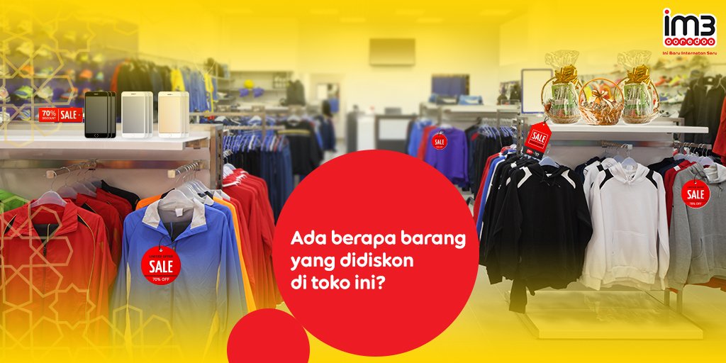 Yuk, latihan berburu barang diskonan untuk lebaran nanti! Bisa tau ada berapa barang diskon? Retweet post ini, reply jawabanmu dengan hashtag #TebakTebakanSahur #UnlimitedYouTube, mention 2 teman untuk ikutan dan menangkan pulsa 25 ribu! im3.do/qSR