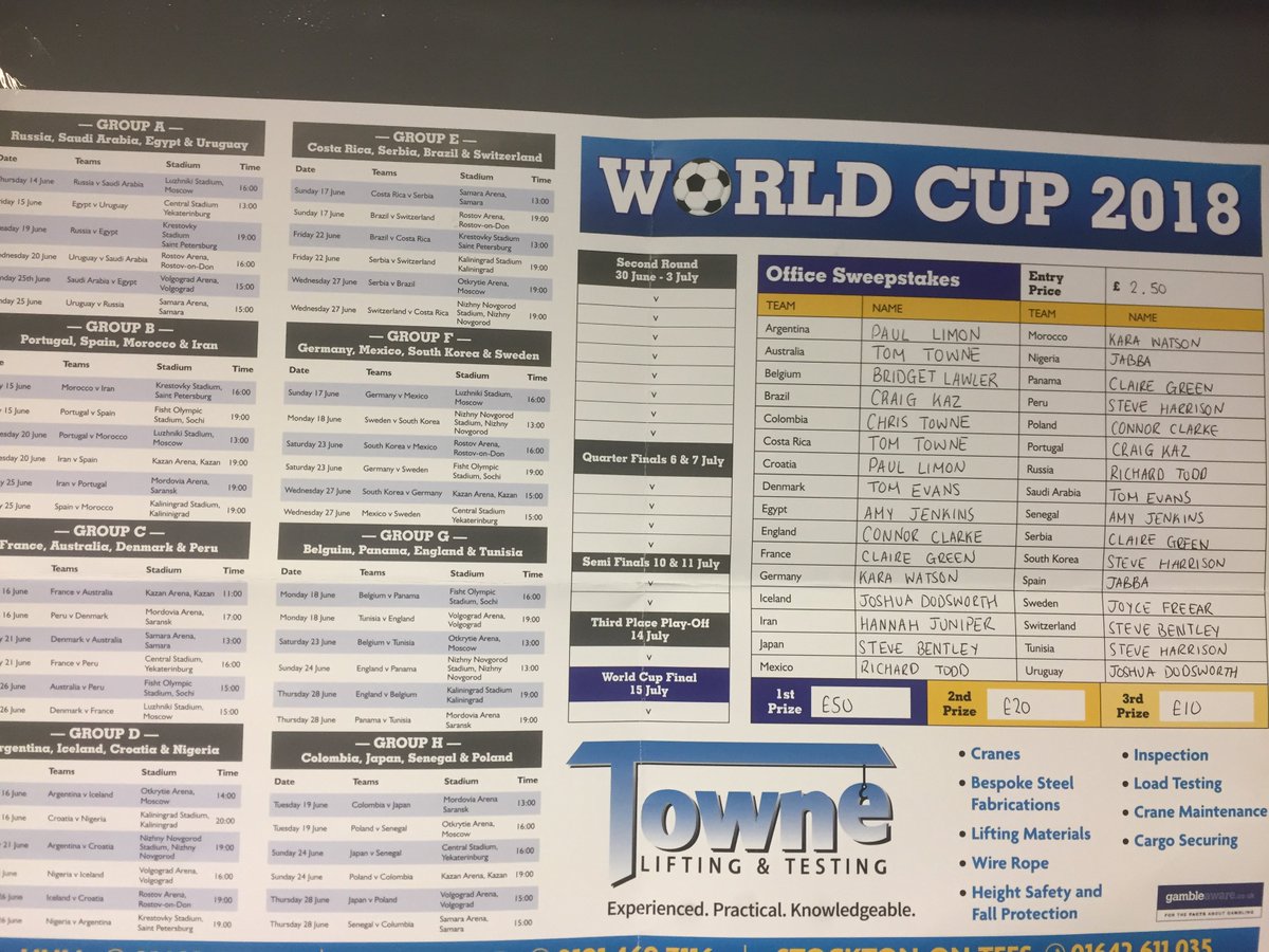 towneLT's tweet photo. We have our #WORLDCUP2018 #SWEEPSTAKE completed and displayed in our office. Have you got your's up? If you don't have one yet, it's not too late! Let us know and we will get one of our sales staff to pop in and bring you it. #ThreeLions https://t.co/HtNcEr3tJf