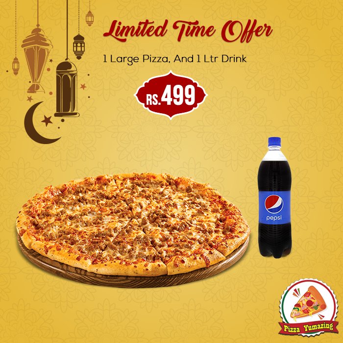 Order 1 Large Pizza, and 1 Ltr Drink. just for Rs. 499 from #PizzaYumazing

Order Now: goo.gl/AXjJ4a or Call 021 111 775 775

For instant help contact our support team via Live Chat:goo.gl/9qzYCj

#SupermealPK #Ramadan #Karachi #Deals #Discounts