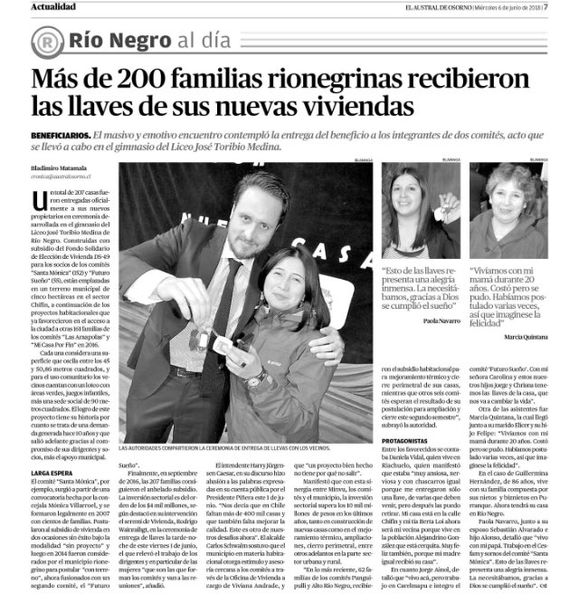 Destaca hoy diario <a href="/austral_osorno/">diarioaustralosorno</a> la entrega de 207 viviendas a familias de #RíoNegro que fue encabezada por el intendente <a href="/HarryJurgensen/">Harry Jürgensen Caesar</a>, Seremi <a href="/minvu_loslagos/">MINVU Los Lagos 2026</a> <a href="/WAINRAIHGT/">Rodrigo Wainraihgt Galilea</a> y Alcalde <a href="/munirionegro/">Río Negro Chile</a> #ChileLoHacemosTodos australosorno.cl/impresa/2018/0…