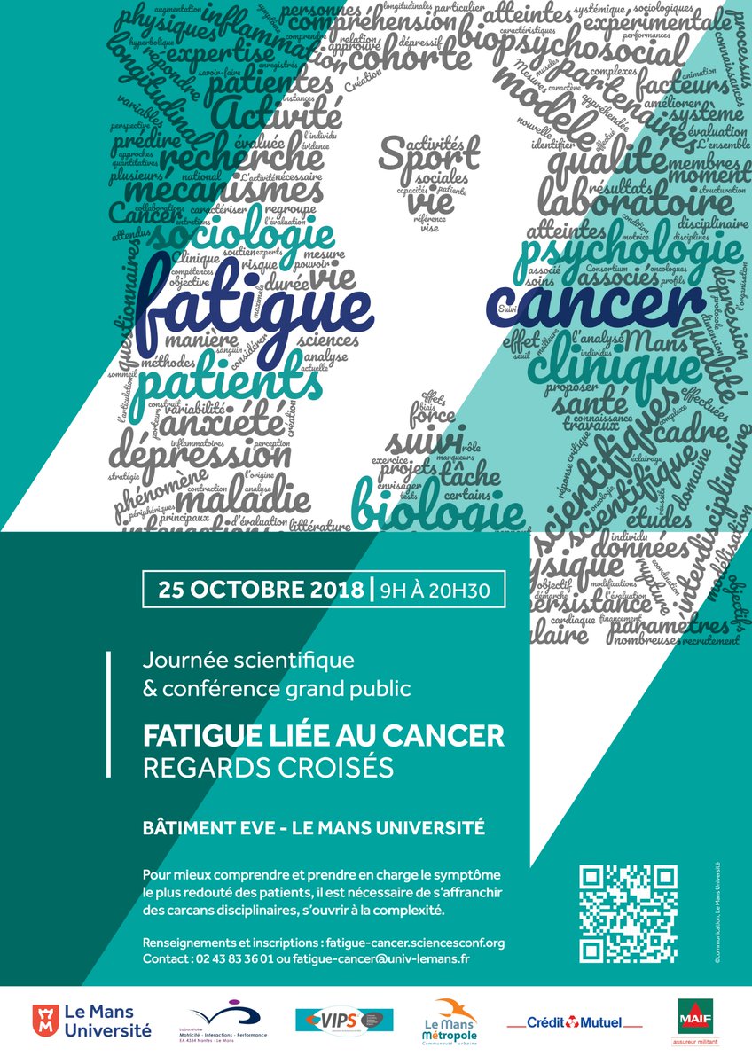 B_MorelP's tweet photo. [Annonce] @LaboMIP  organise une journée scientifique le 25 oct. 2018 @LeMansUniv intitulée #fatigue liée au #cancer - regards croisés. Pour communiquer ou s'inscrire RDV sur https://t.co/JgwdDkn2F1 | Conférence grand public gratuite à 19H | Partenariat avec @CreditMutuel @MAIF https://t.co/KwO2jxCcDy